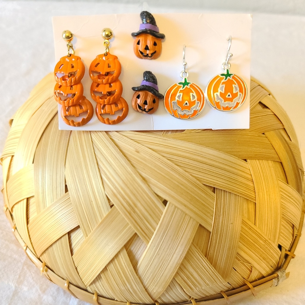 Halloween jack-o-lantern pumpkin statement earring set of 3